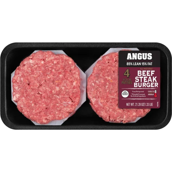 85% Lean / 15% Fat Angus Ground Beef Steak Burgers, 4 Count, 1.33 lb Tray, Fresh, All Natural*