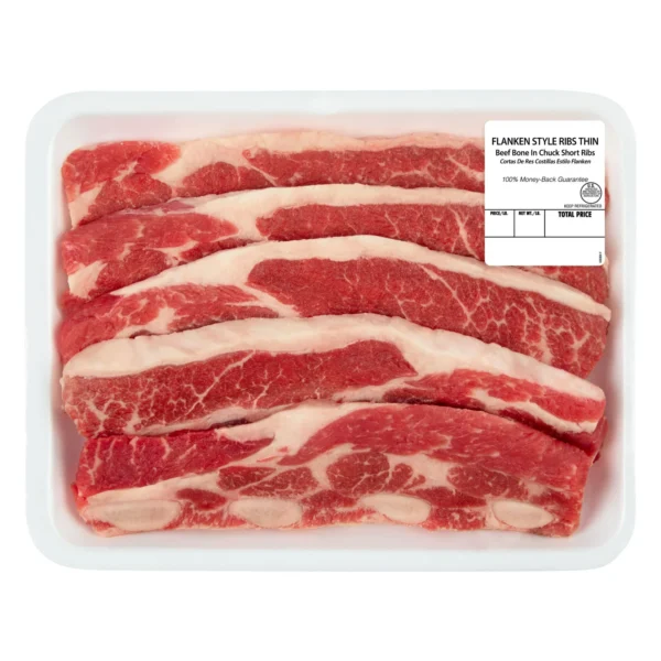 Flanken Style Beef Ribs, Thin Cut, Bone-in, 5 per Tray, Fresh, 1.35 - 1.9 lb