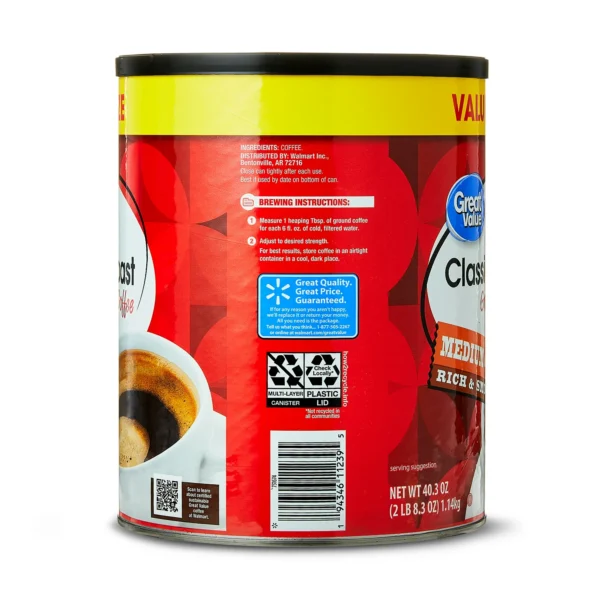 Great Value Classic Roast Ground Naturally Caffeinated Coffee, 9.6 oz Canister