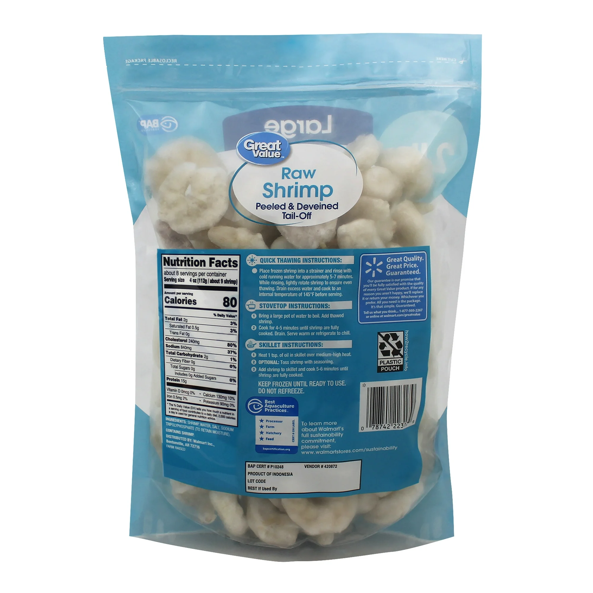Great Value Frozen Raw Large Peeled & Deveined, Tail-off Shrimp, 2 lb (31-40 Count per lb), Value Bag - Image 2