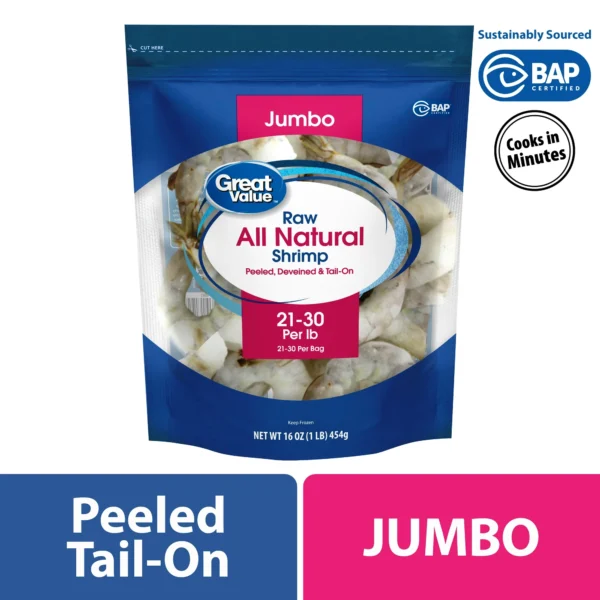 Frozen Raw Jumbo All Natural Peeled & Deveined, Tail-on Shrimp, 1 lb Bag (21-30 Count per lb)