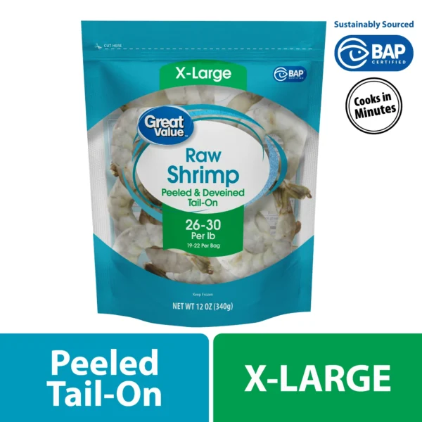 Great Value Frozen Peeled Tail on Extra Large Shrimp, 12 oz Bag (26-30 Count per lb)