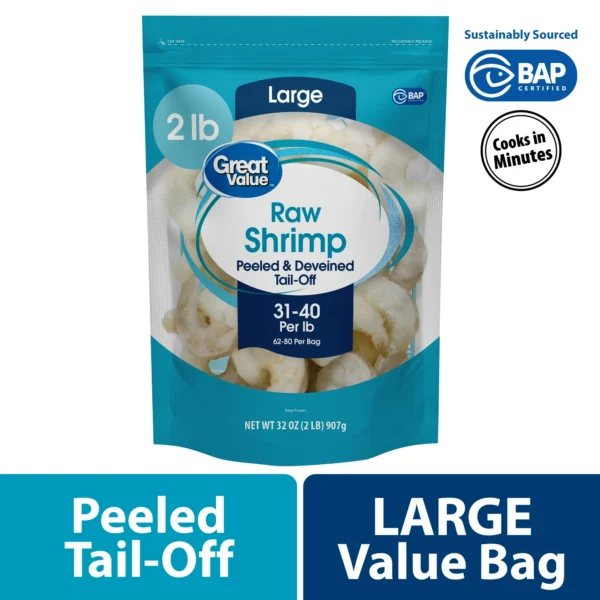 Great Value Frozen Raw Large Peeled & Deveined, Tail-off Shrimp, 2 lb (31-40 Count per lb), Value Bag